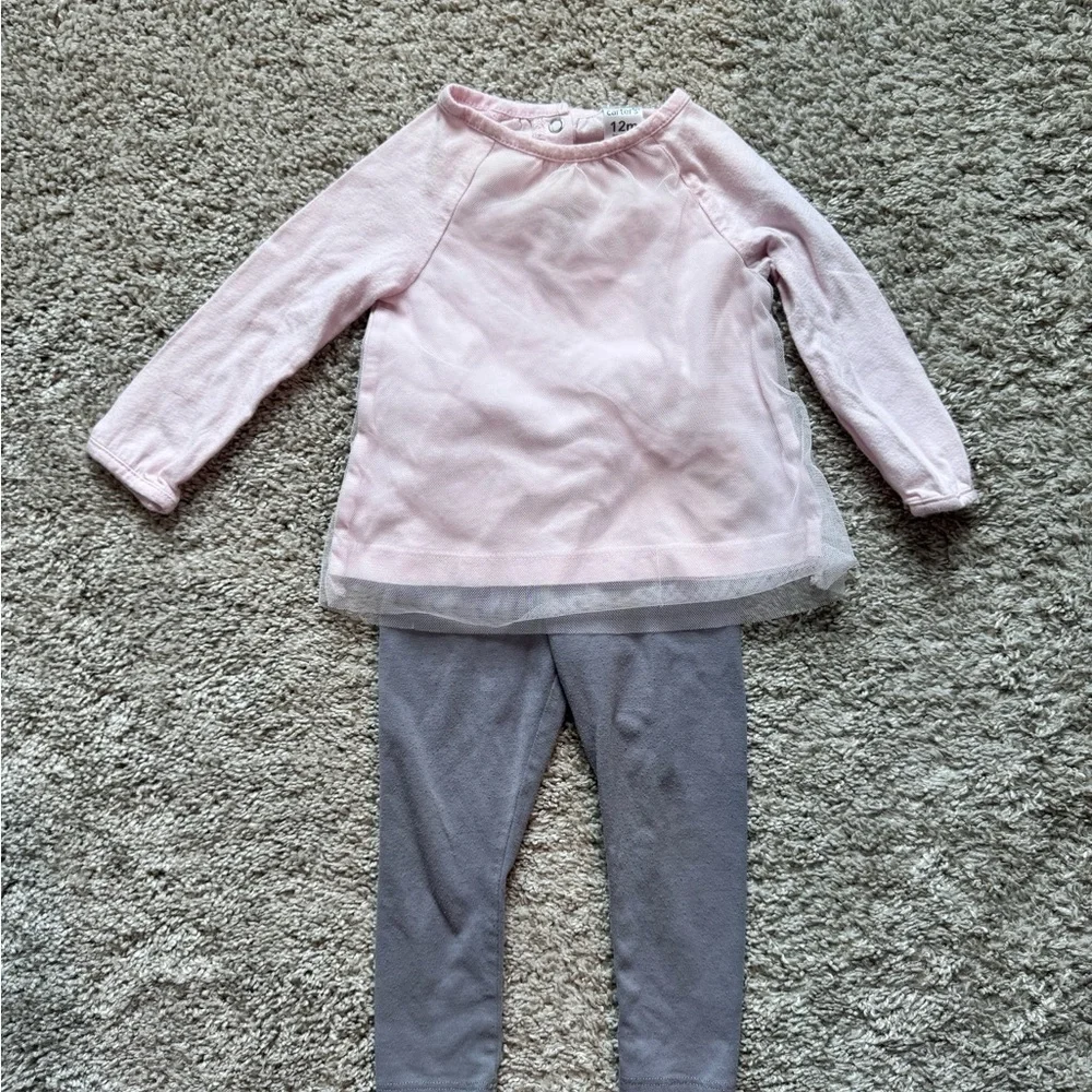 Carter’s Baby Girl Outfit Pink Long Sleeve Top & Gray Leggings Size 12 months